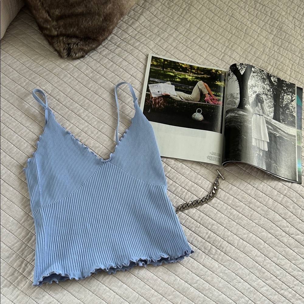 Aura nylon ice baby blue ribbed, v neck lettuce, trim, Y2K crop tank Cami S M